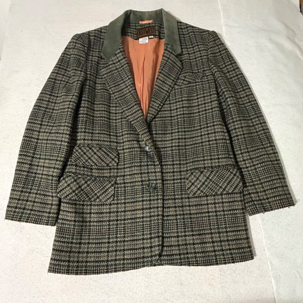 Eastwest Vintage Wool Blend Glen Plaid Blazer Green Velvet Collar Womens Small
